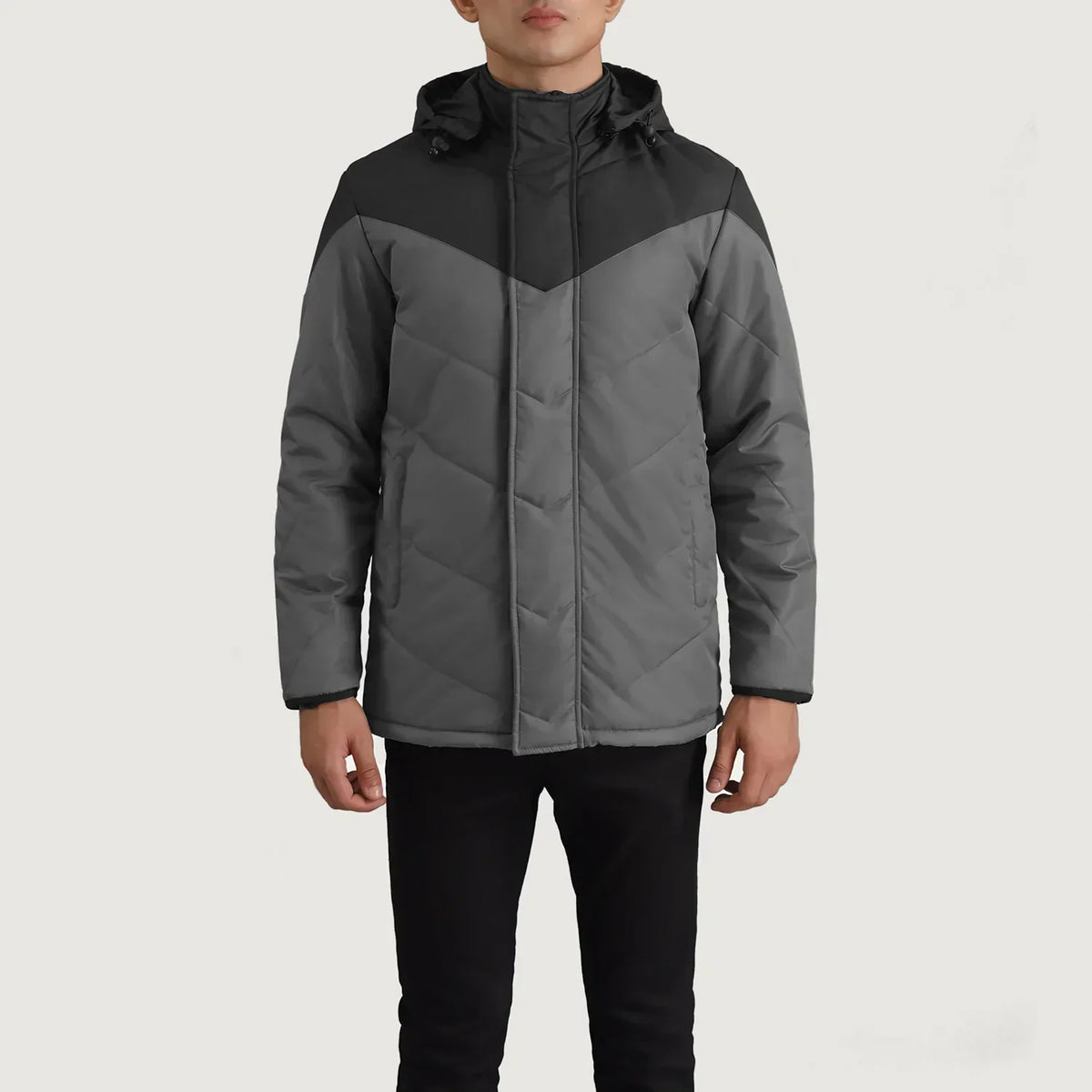 Luka Black & Grey Hooded Puffer Jacket - men's jacket in black & grey nylon-polyester fabric, view 4