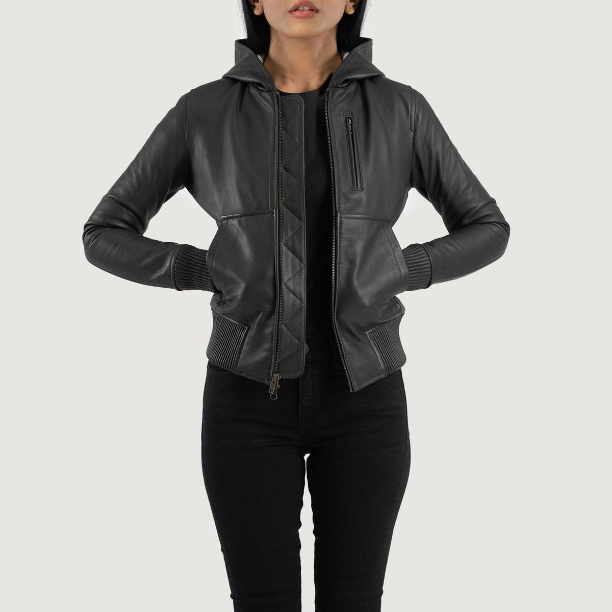Luna Black Hooded Leather Bomber Jacket - women's jacket in black sheepskin leather, view 1