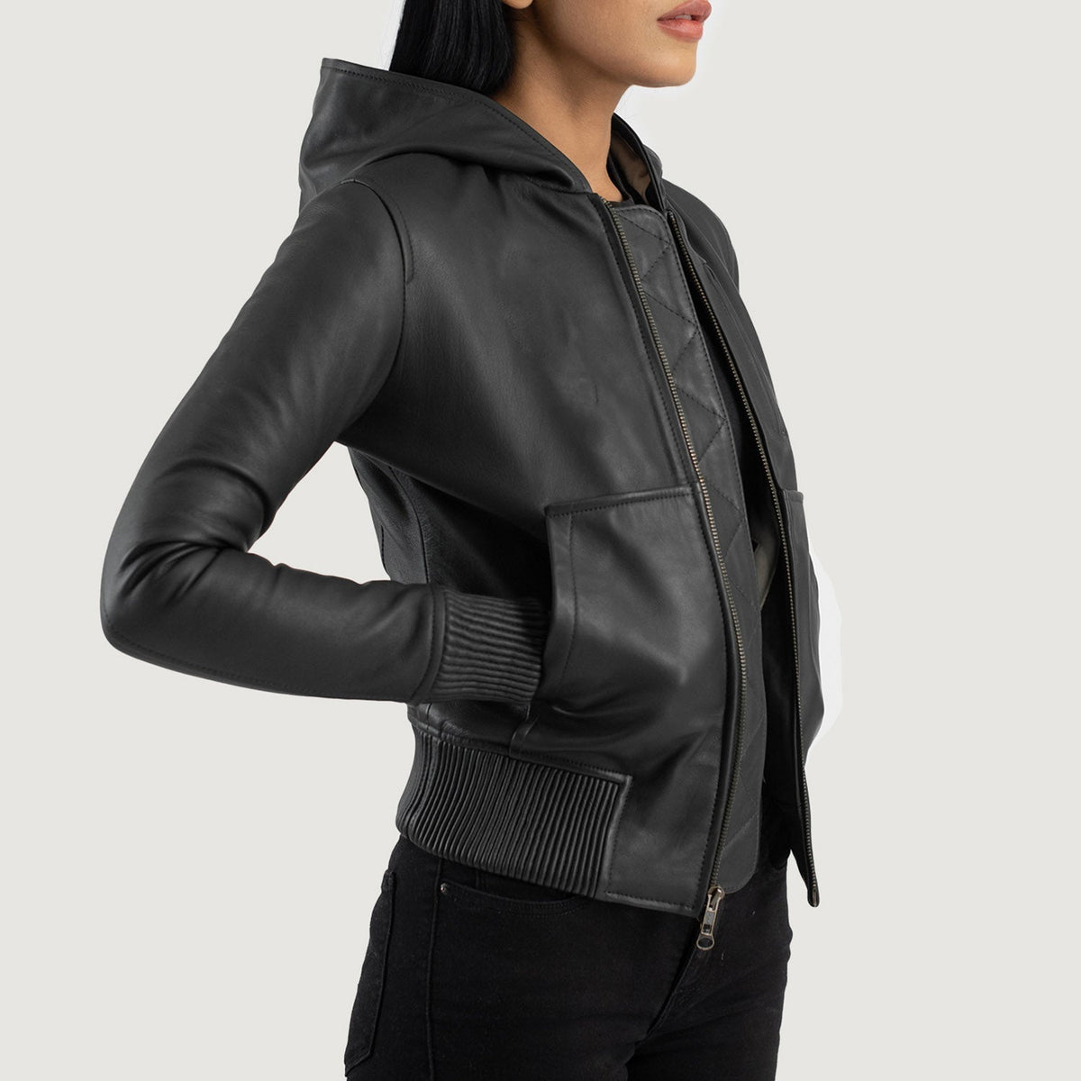 Luna Black Hooded Leather Bomber Jacket - women's jacket in black sheepskin leather, view 2