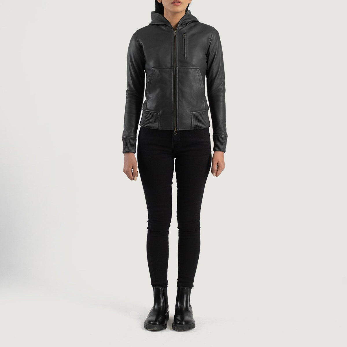 Luna Black Hooded Leather Bomber Jacket - women's jacket in black sheepskin leather, view 3