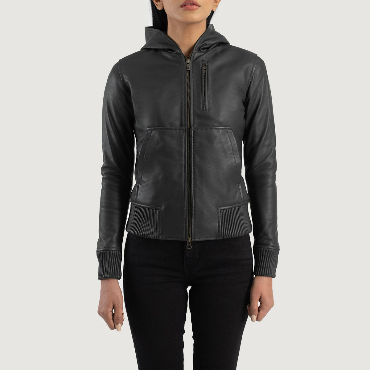 Luna Black Hooded Leather Bomber Jacket - women's jacket in black sheepskin leather, view 4