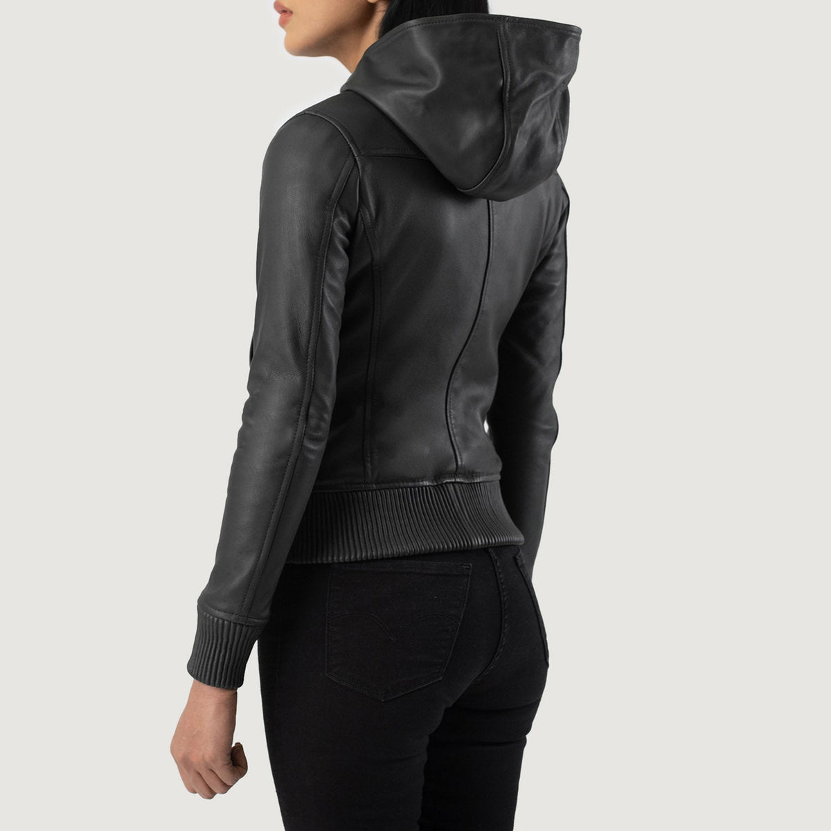 Luna Black Hooded Leather Bomber Jacket - women's jacket in black sheepskin leather, view 5