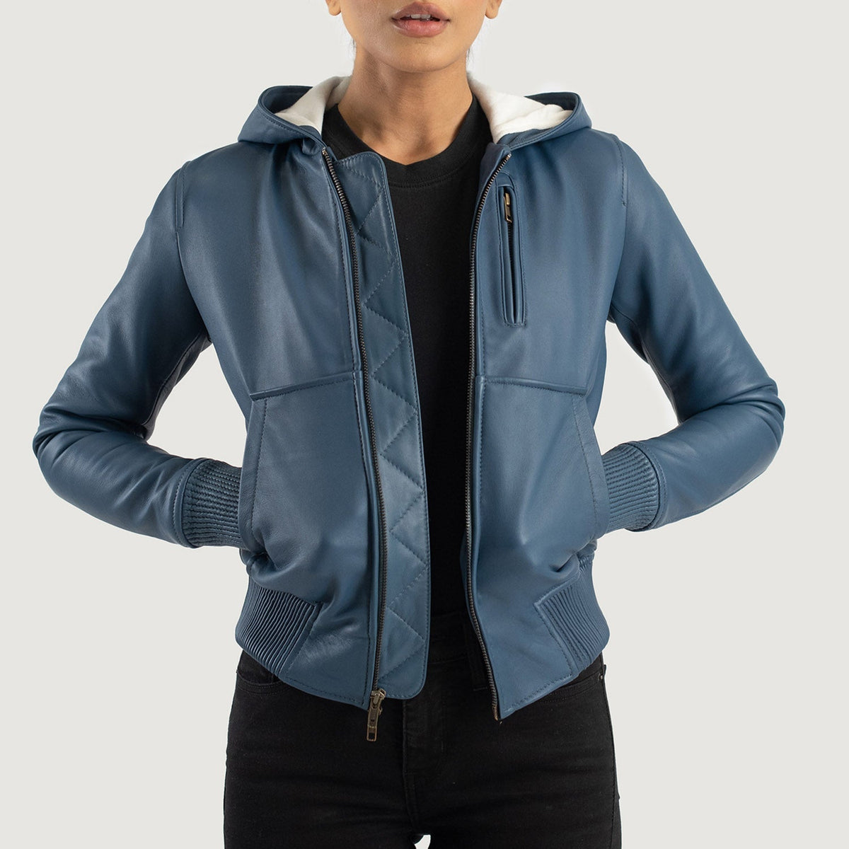 Luna Blue Hooded Leather Bomber Jacket - women's jacket in blue sheepskin leather, view 1