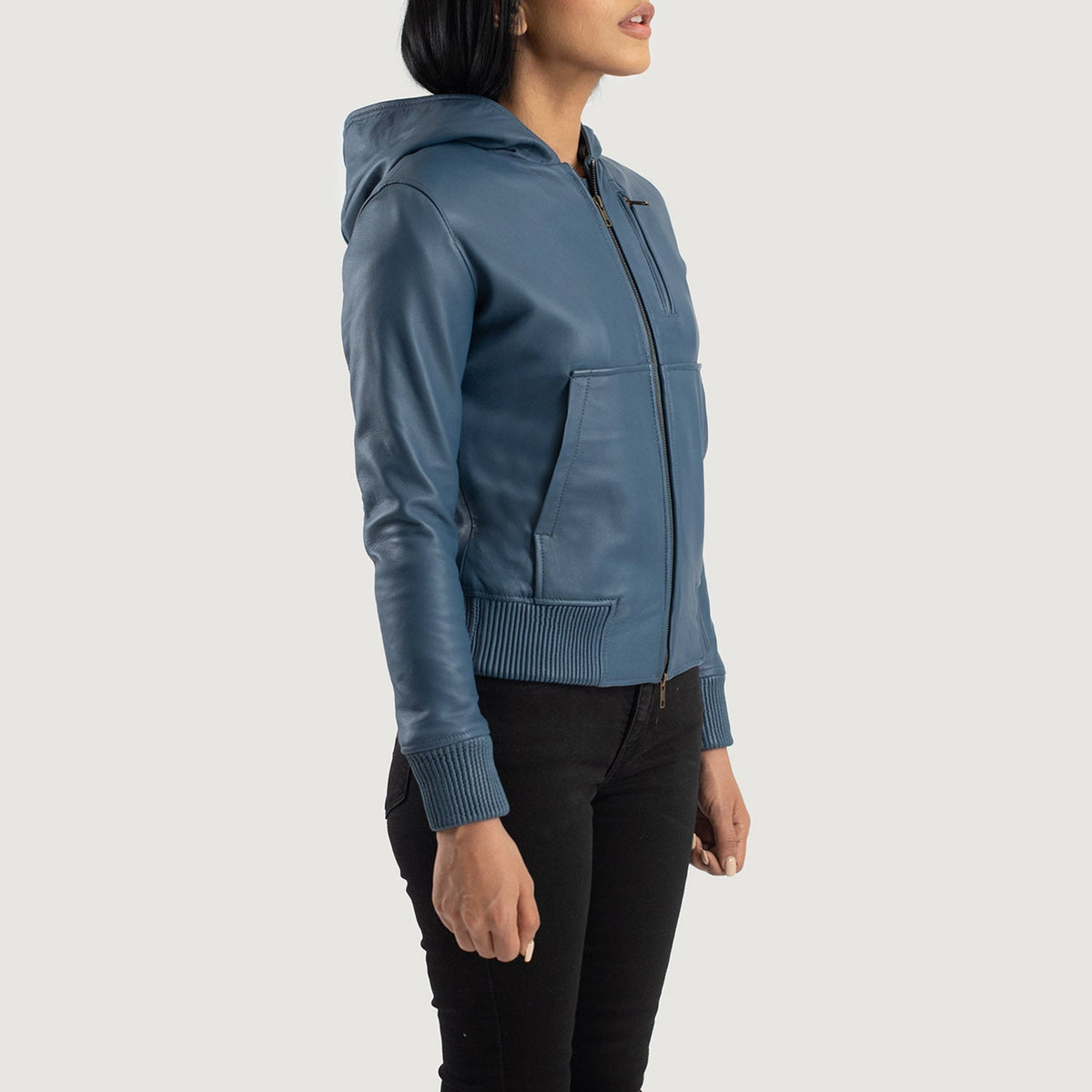 Luna Blue Hooded Leather Bomber Jacket - women's jacket in blue sheepskin leather, view 2
