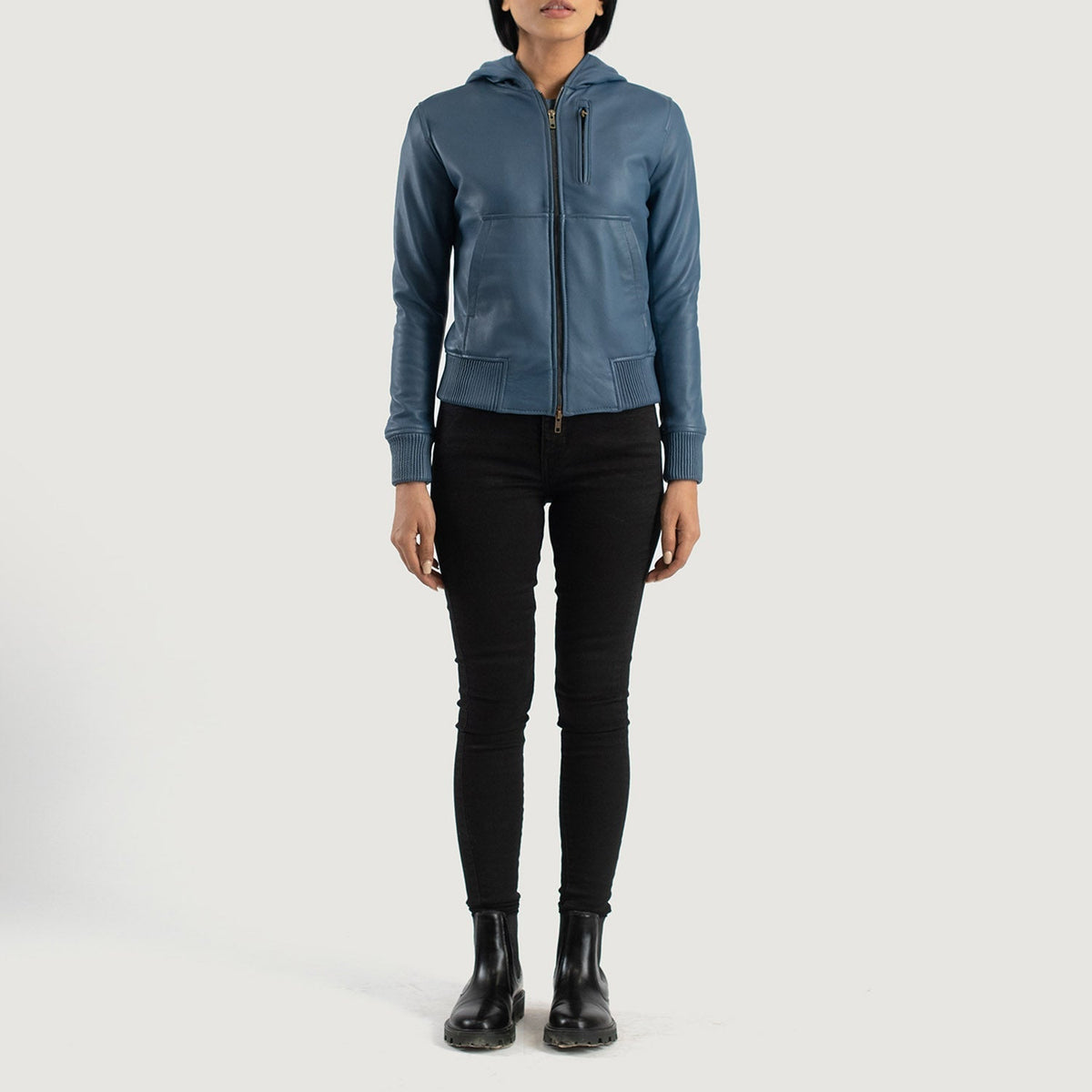 Luna Blue Hooded Leather Bomber Jacket - women's jacket in blue sheepskin leather, view 3