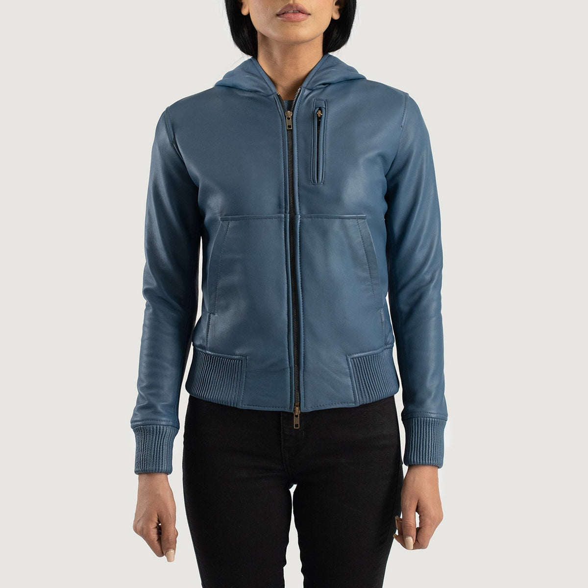 Luna Blue Hooded Leather Bomber Jacket - women's jacket in blue sheepskin leather, view 4