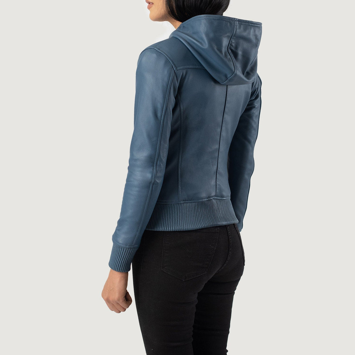Luna Blue Hooded Leather Bomber Jacket - women's jacket in blue sheepskin leather, view 5
