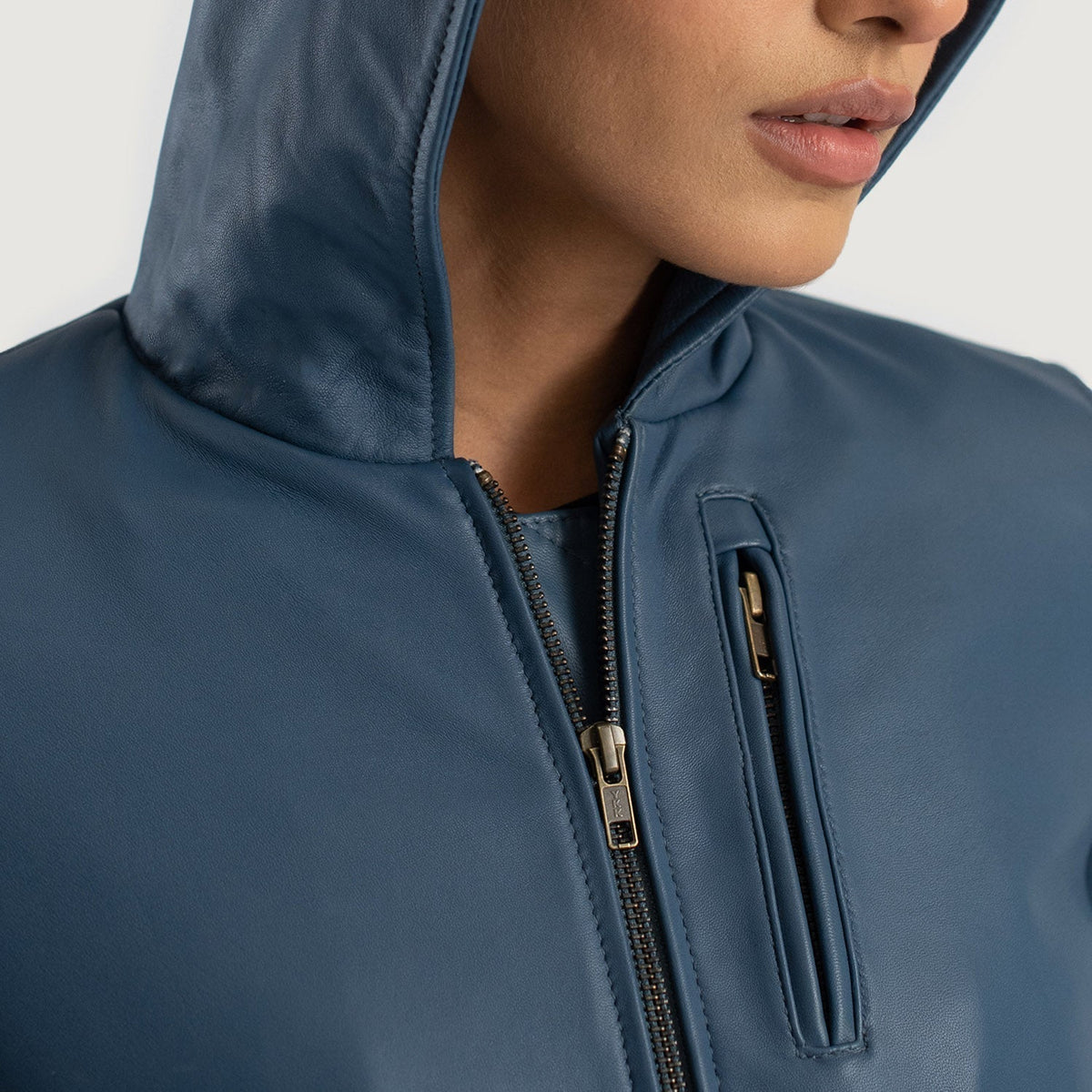 Luna Blue Hooded Leather Bomber Jacket - women's jacket in blue sheepskin leather, view 6