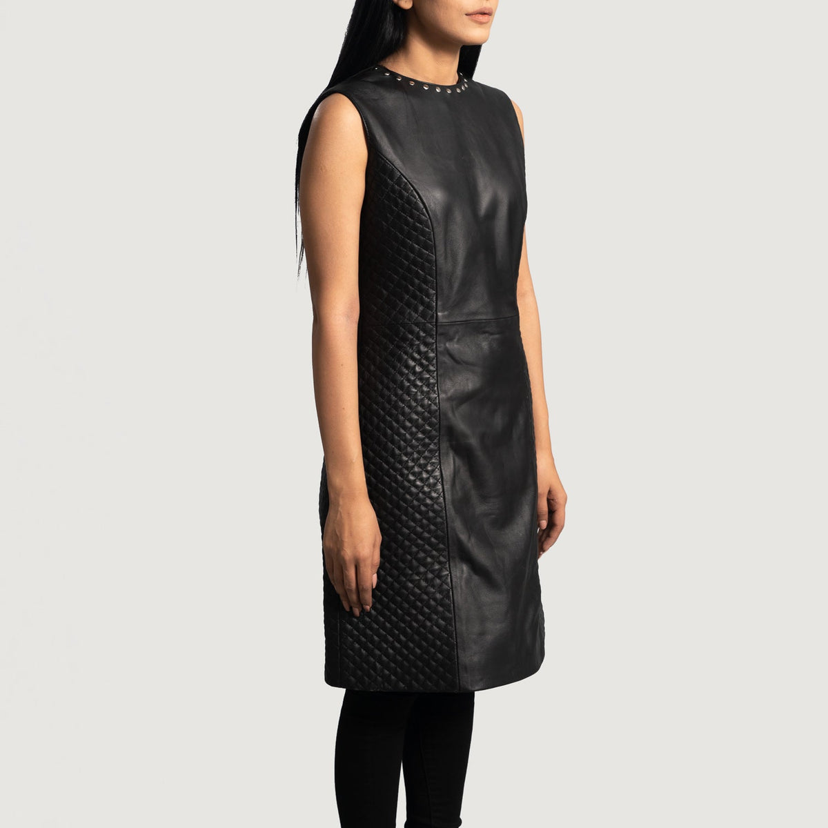 Brex Luxe Black Leather Dress - women's dress in black sheepskin leather, view 2