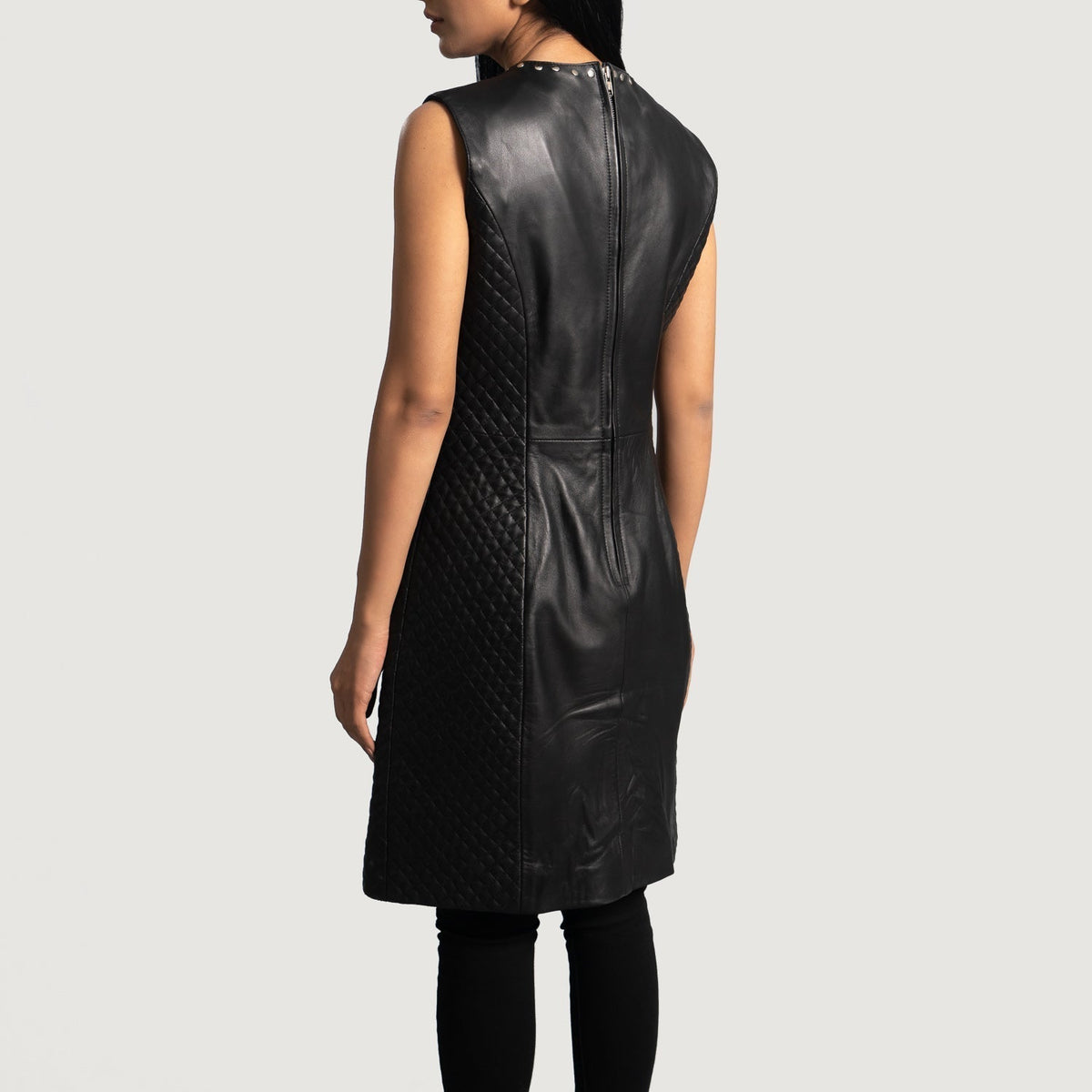 Brex Luxe Black Leather Dress - women's dress in black sheepskin leather, view 3