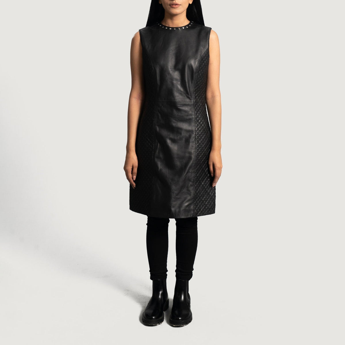 Brex Luxe Black Leather Dress - women's dress in black sheepskin leather, view 5