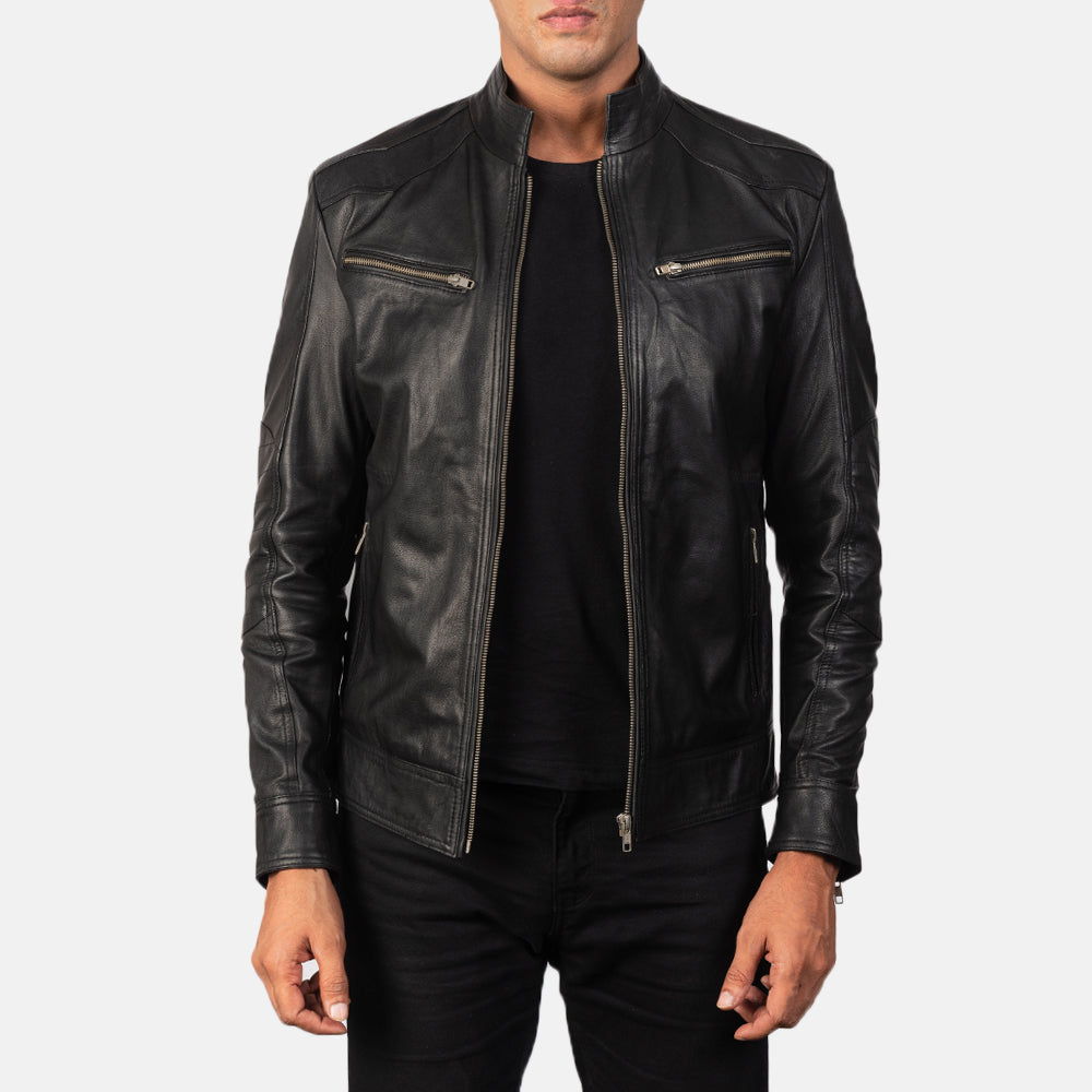 Mack Black Leather Biker Jacket - men's jacket in black goatskin leather, view 1
