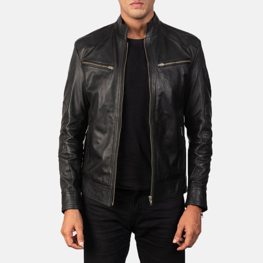 Mack Black Leather Biker Jacket - men's jacket in black goatskin leather, view 1