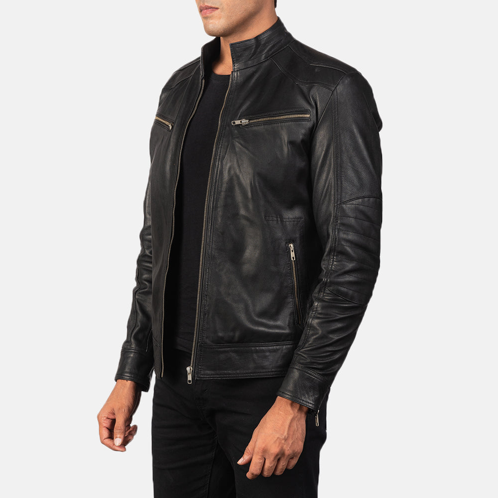 Mack Black Leather Biker Jacket - men's jacket in black goatskin leather, view 2
