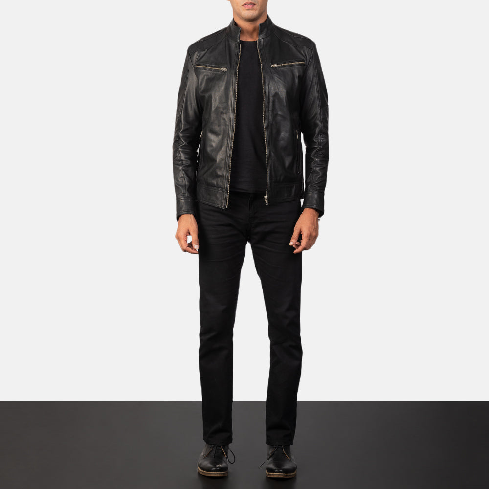 Mack Black Leather Biker Jacket - men's jacket in black goatskin leather, view 3