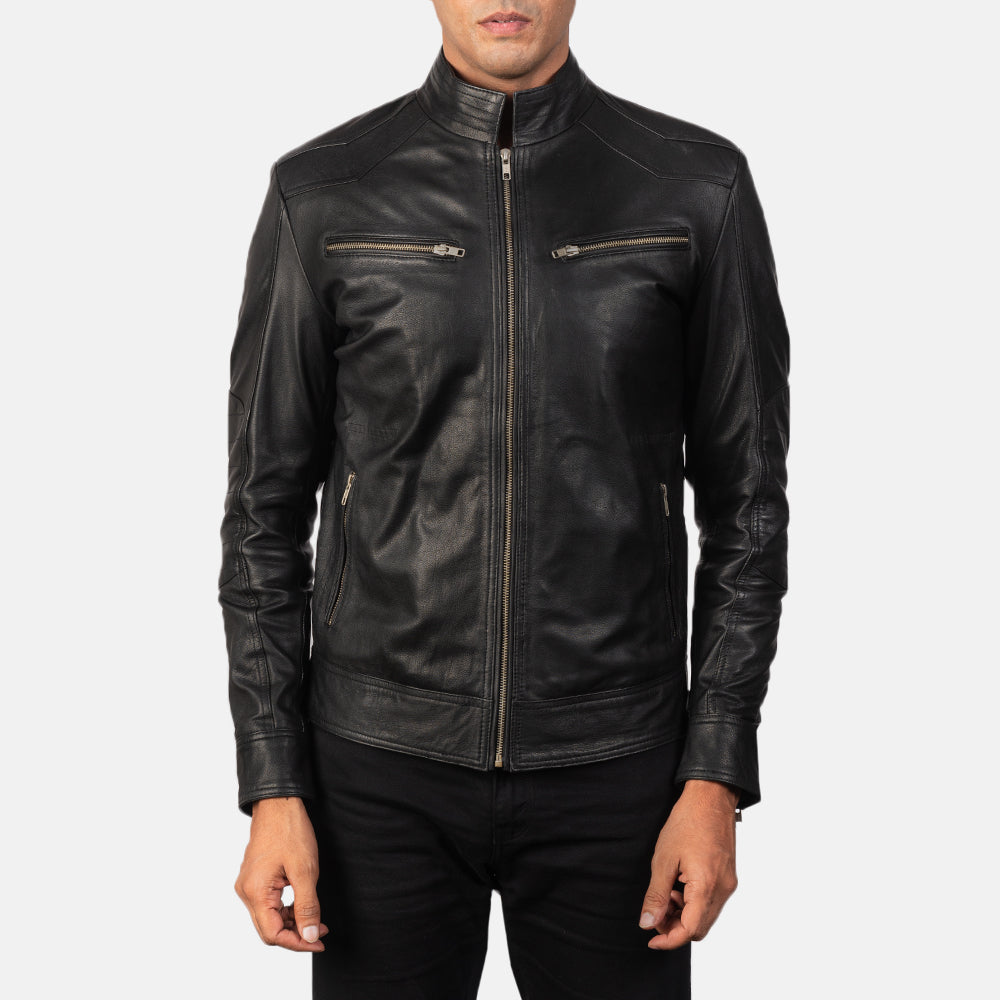 Mack Black Leather Biker Jacket - men's jacket in black goatskin leather, view 4