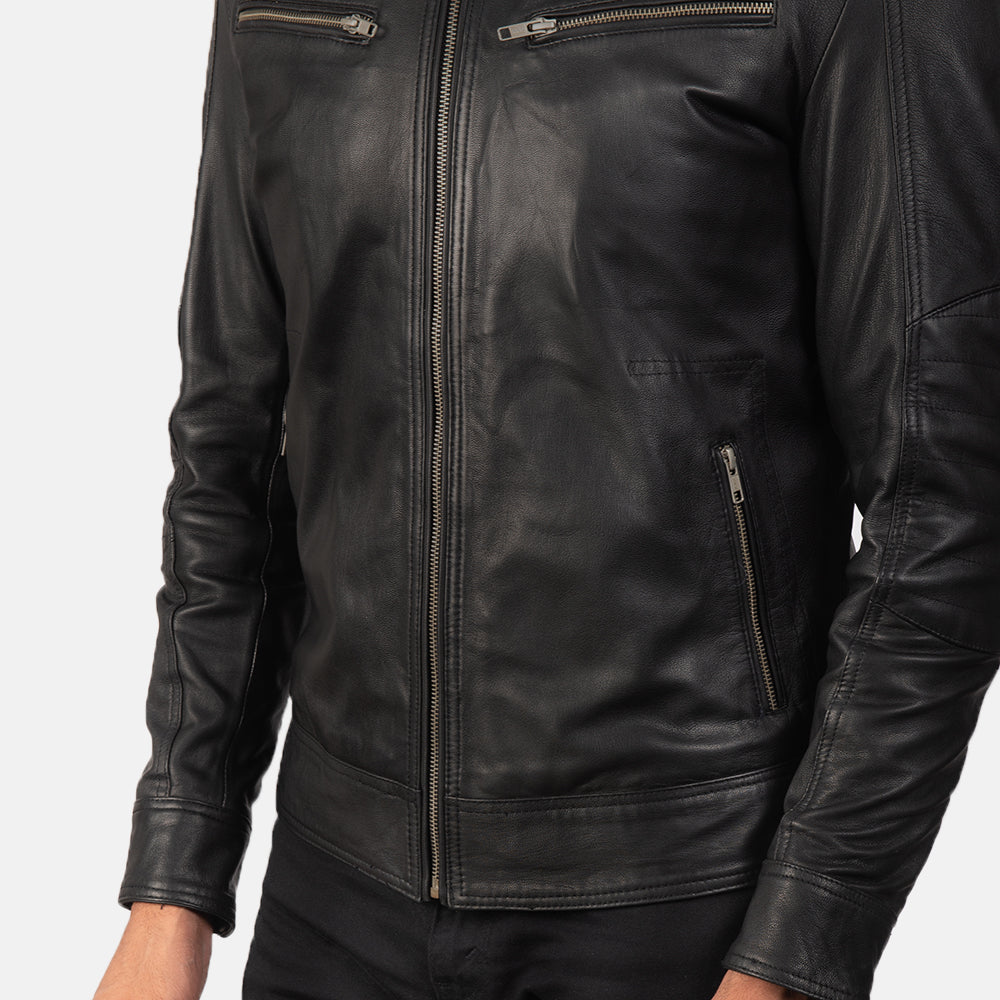 Mack Black Leather Biker Jacket - men's jacket in black goatskin leather, view 6