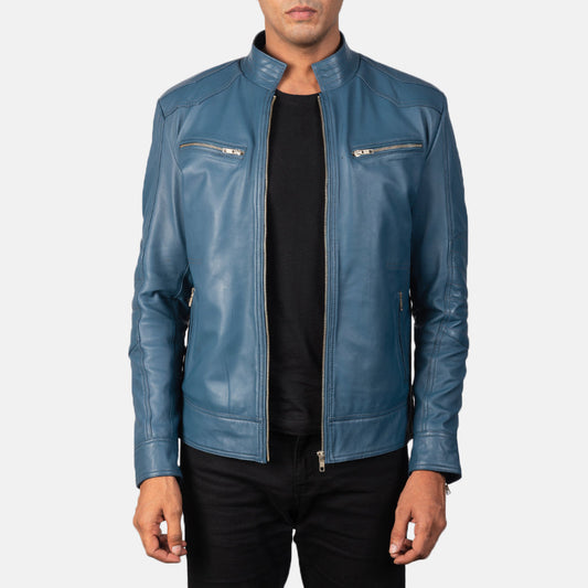 Mack Blue Leather Biker Jacket - men's jacket in blue sheepskin leather, view 1