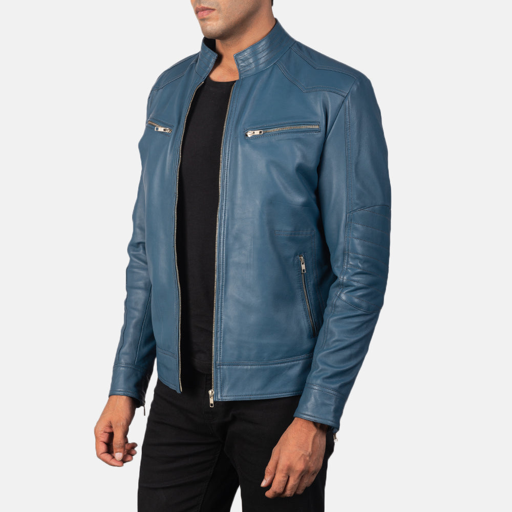 Mack Blue Leather Biker Jacket - men's jacket in blue sheepskin leather, view 2
