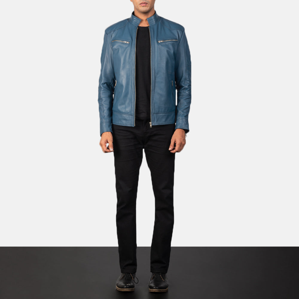 Mack Blue Leather Biker Jacket - men's jacket in blue sheepskin leather, view 3