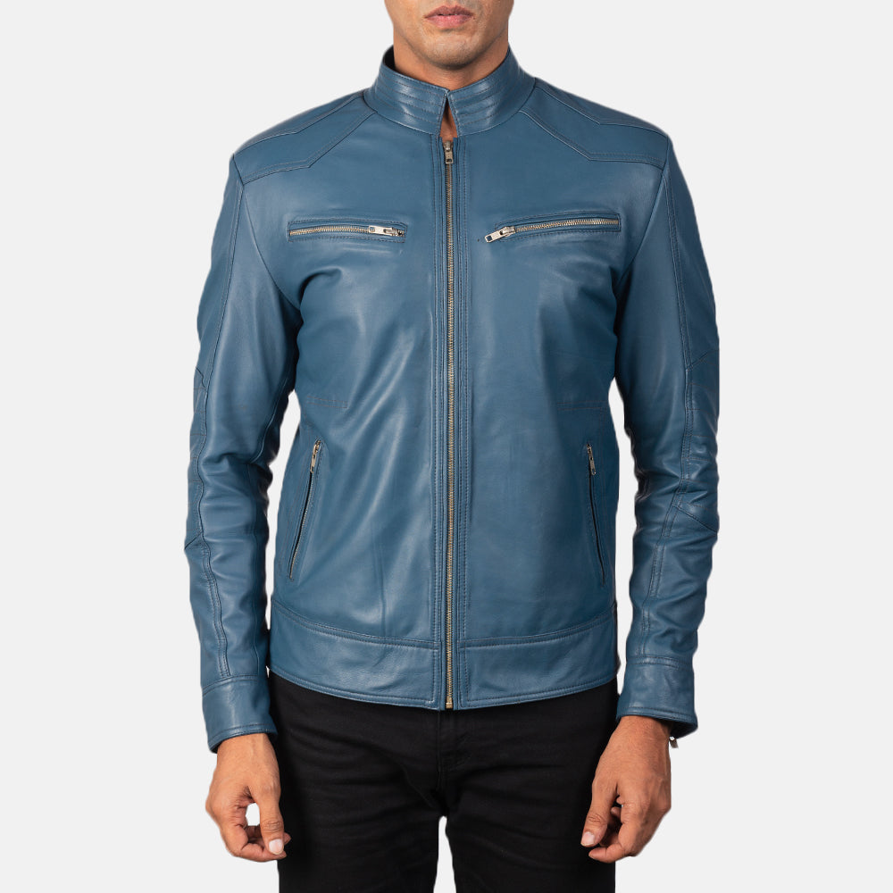 Mack Blue Leather Biker Jacket - men's jacket in blue sheepskin leather, view 4