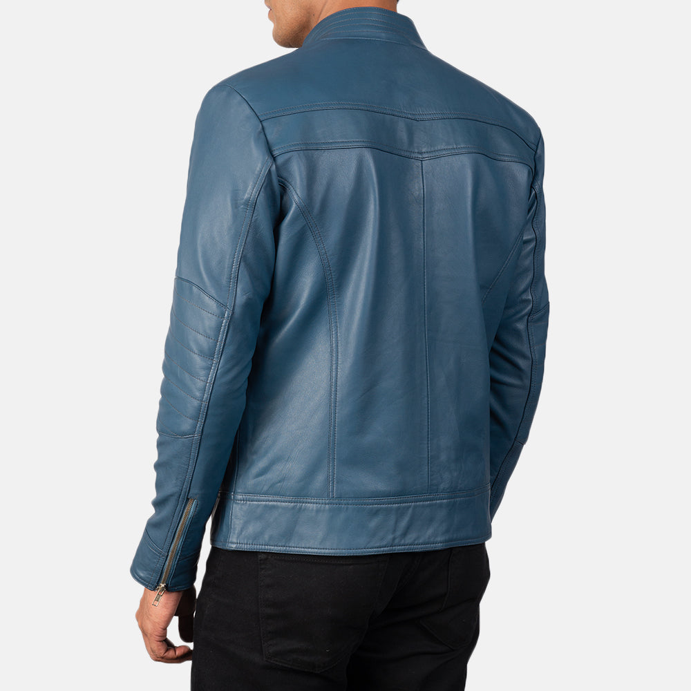Mack Blue Leather Biker Jacket - men's jacket in blue sheepskin leather, view 5