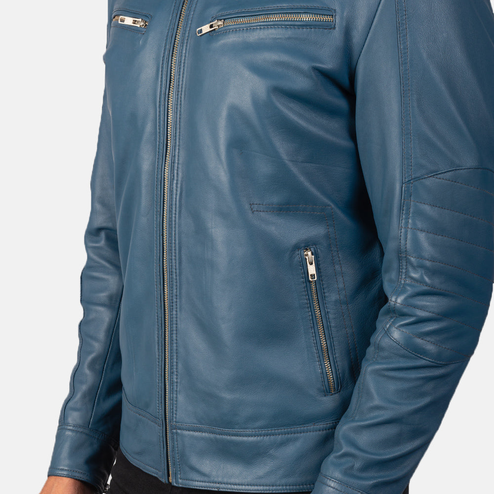 Mack Blue Leather Biker Jacket - men's jacket in blue sheepskin leather, view 6