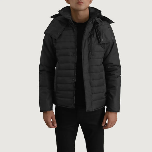 Malcolm Black Hooded Puffer Jacket - men's jacket in black nylon-polyester fabric, view 1