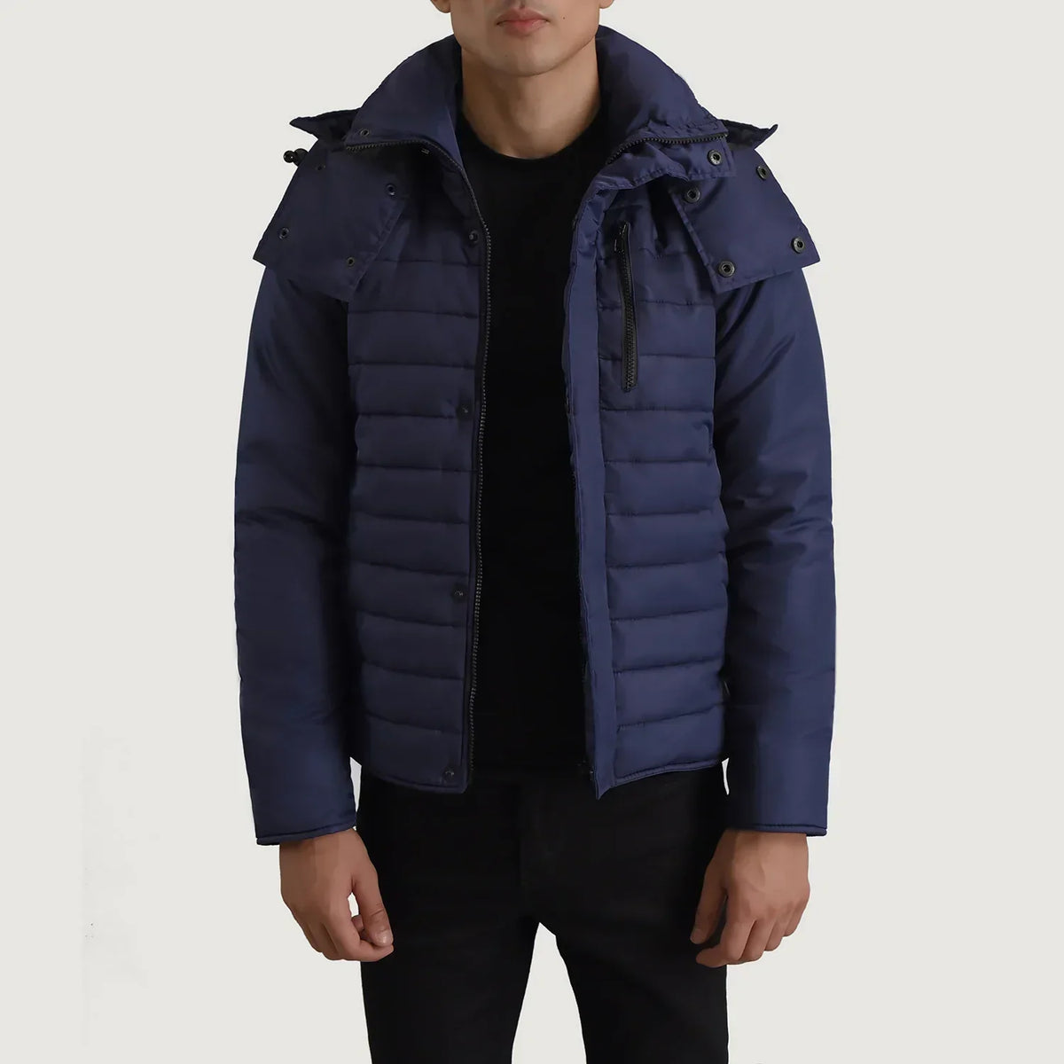 Malcolm Blue Hooded Puffer Jacket - men's jacket in blue nylon-polyester fabric, view 1
