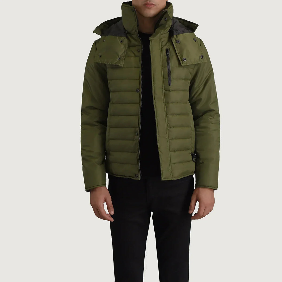 Malcolm Green Hooded Puffer Jacket - men's jacket in green nylon-polyester fabric, view 1
