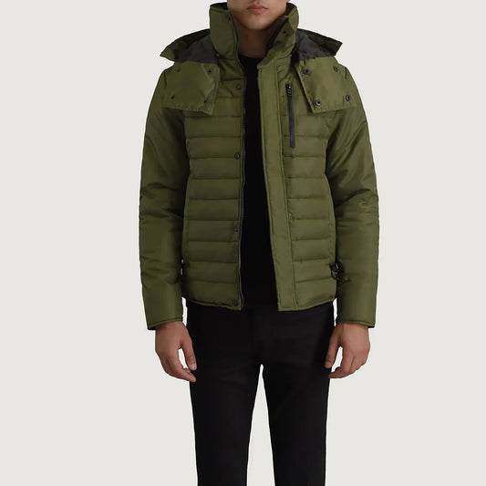 Malcolm Green Hooded Puffer Jacket - men's jacket in green nylon-polyester fabric, view 1