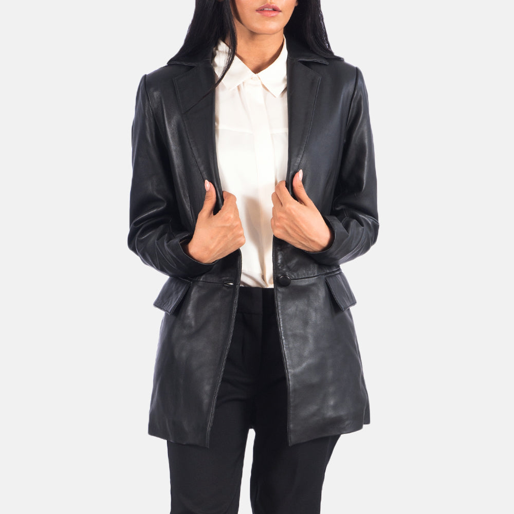 Marilyn Black Leather Blazer - women's blazer in black sheepskin leather, view 1