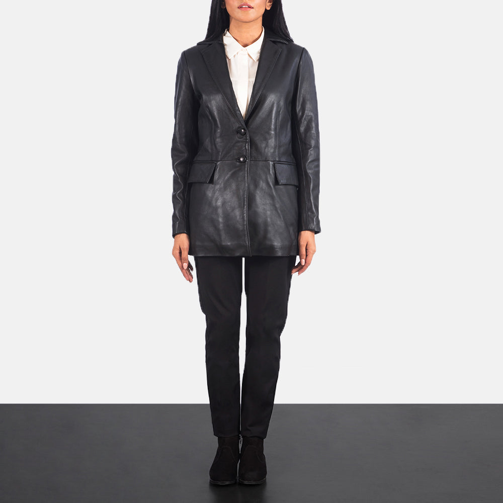 Marilyn Black Leather Blazer - women's blazer in black sheepskin leather, view 3