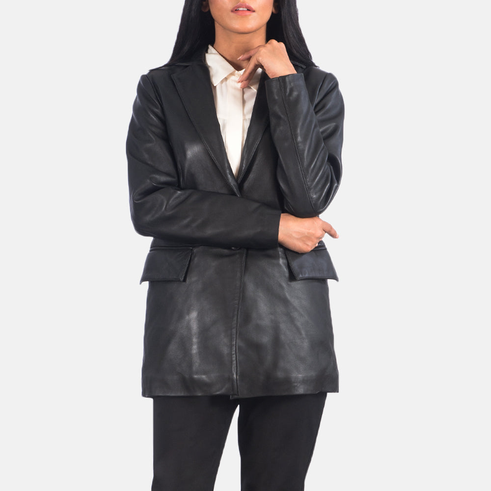 Marilyn Black Leather Blazer - women's blazer in black sheepskin leather, view 4