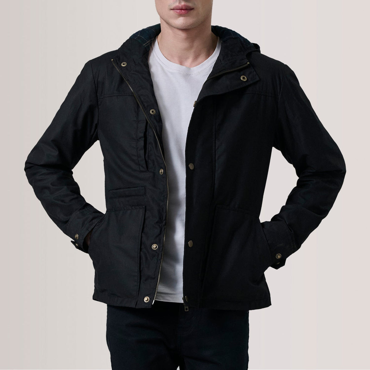 Marlo Black Canvas Hooded Work Jacket - men's jacket in black canvas fabric, view 1