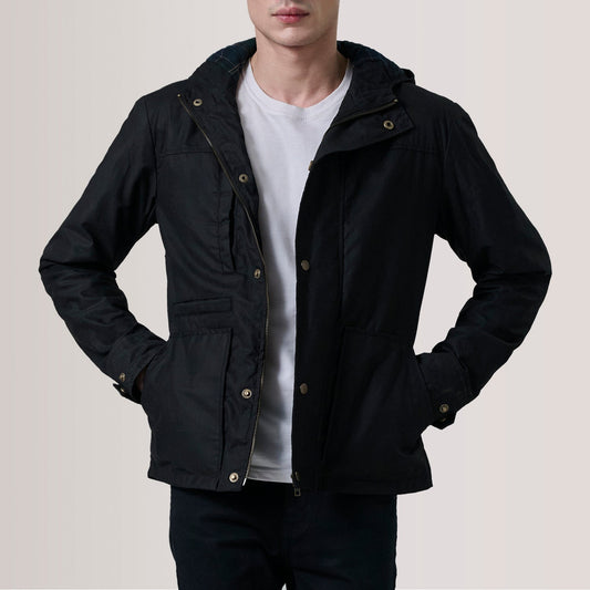 Marlo Black Canvas Hooded Work Jacket - men's jacket in black canvas fabric, view 1