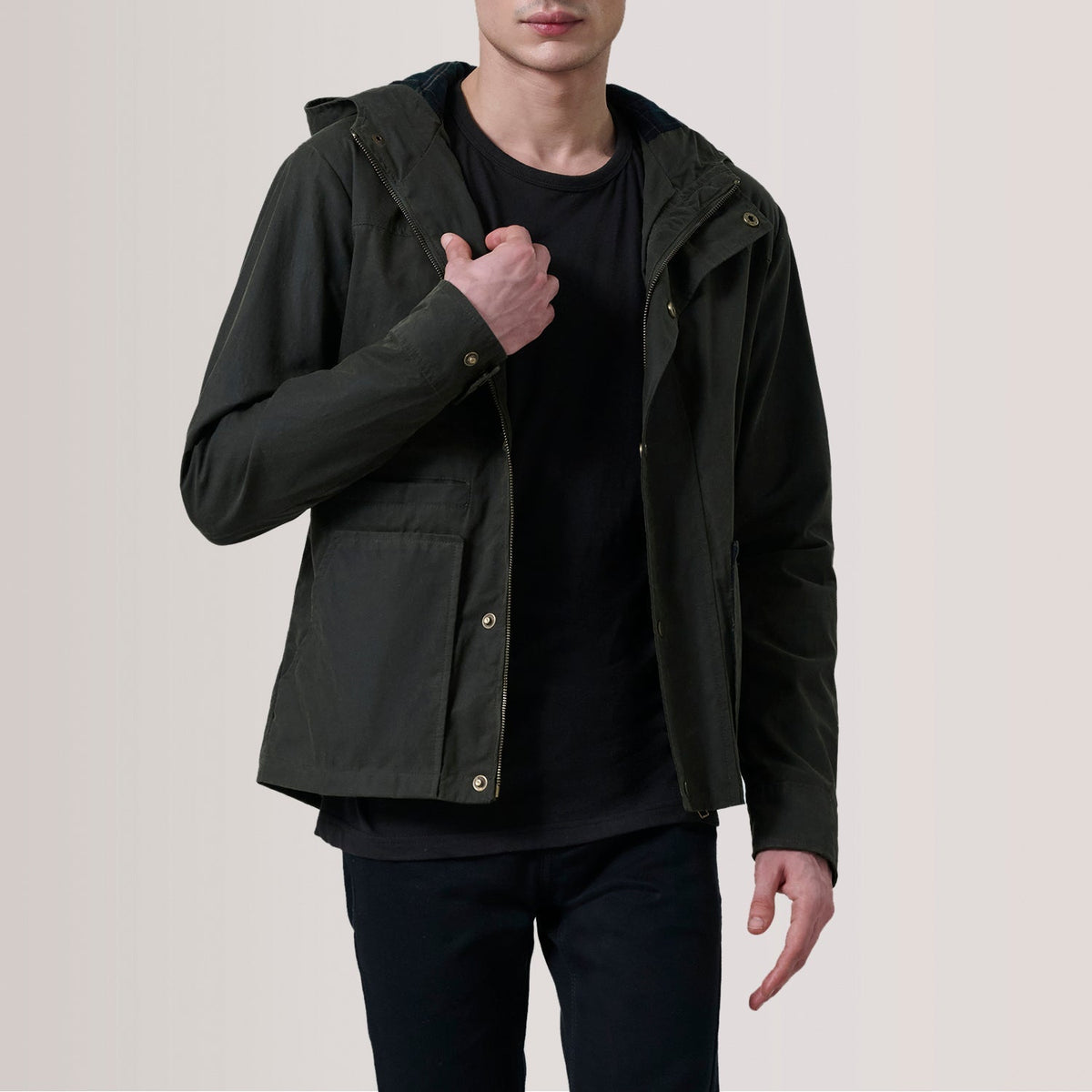 Marlo Olive Canvas Hooded Work Jacket - men's jacket in olive canvas fabric, view 1