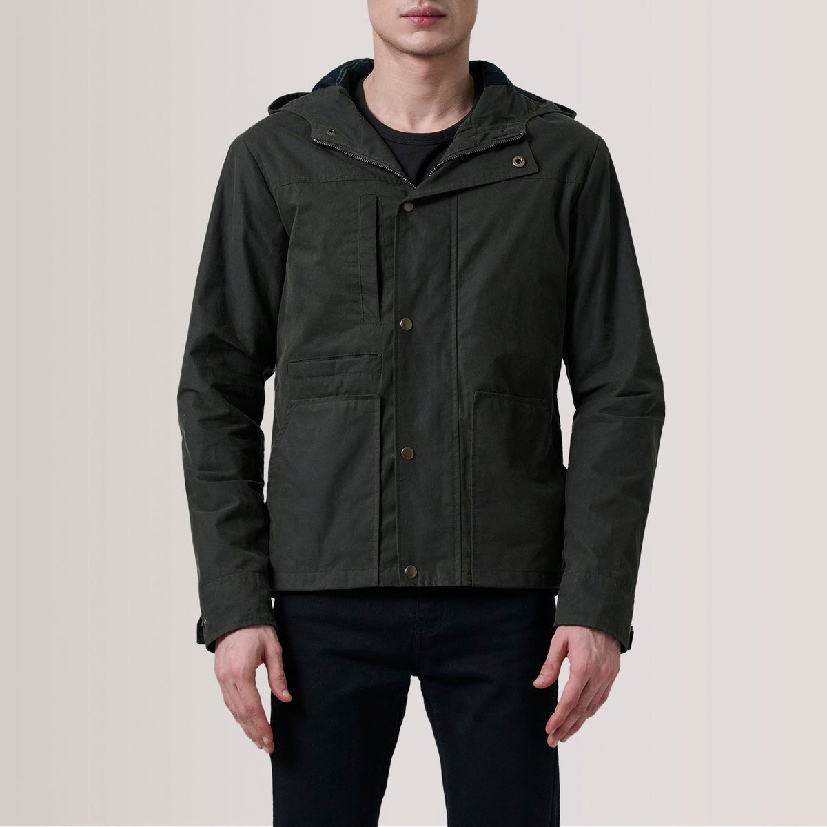 Marlo Olive Canvas Hooded Work Jacket - men's jacket in olive canvas fabric, view 5