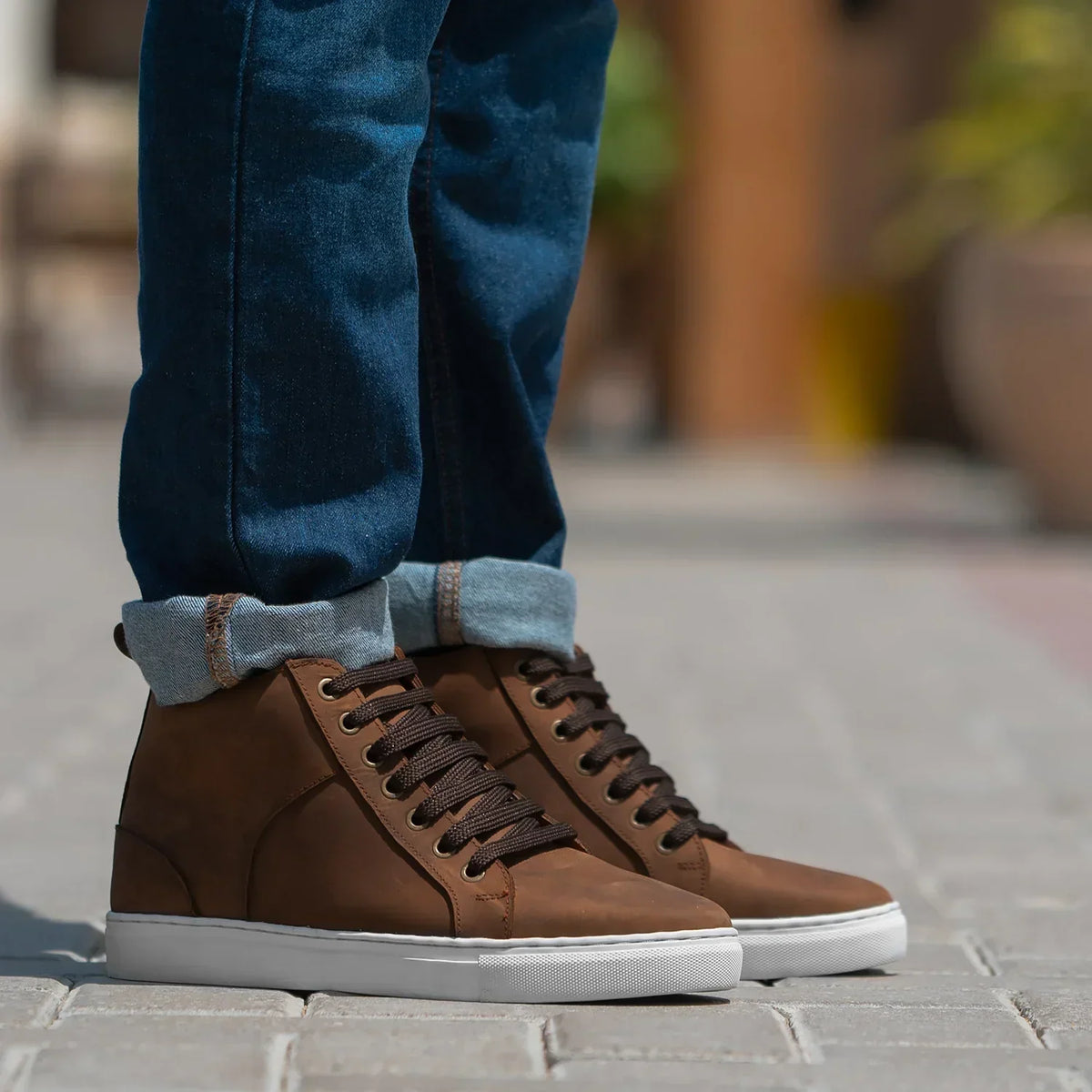Marty High Top Pull-up Brown Leather Sneakers - men's sneakers in brown pull-up leather, view 1