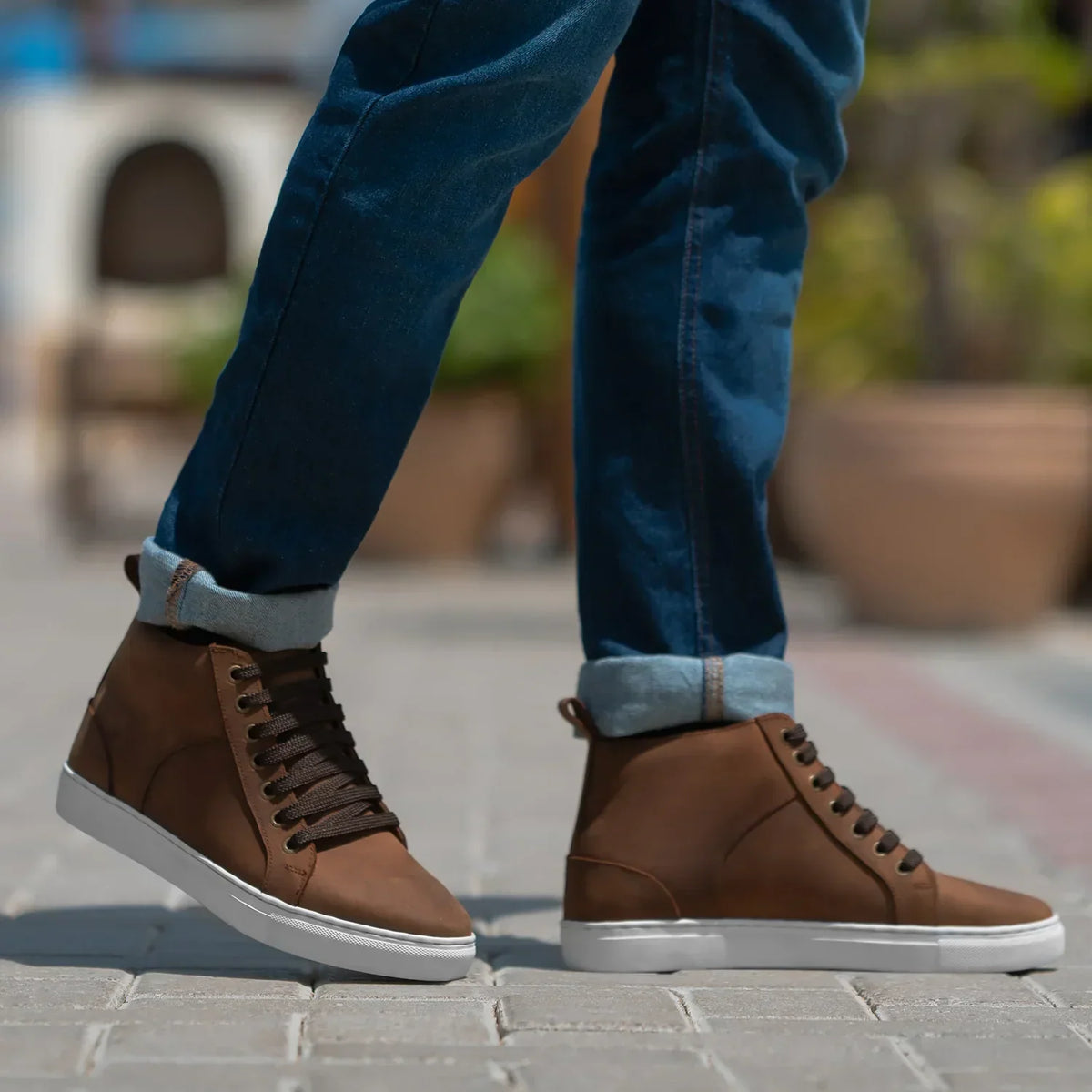 Marty High Top Pull-up Brown Leather Sneakers - men's sneakers in brown pull-up leather, view 2