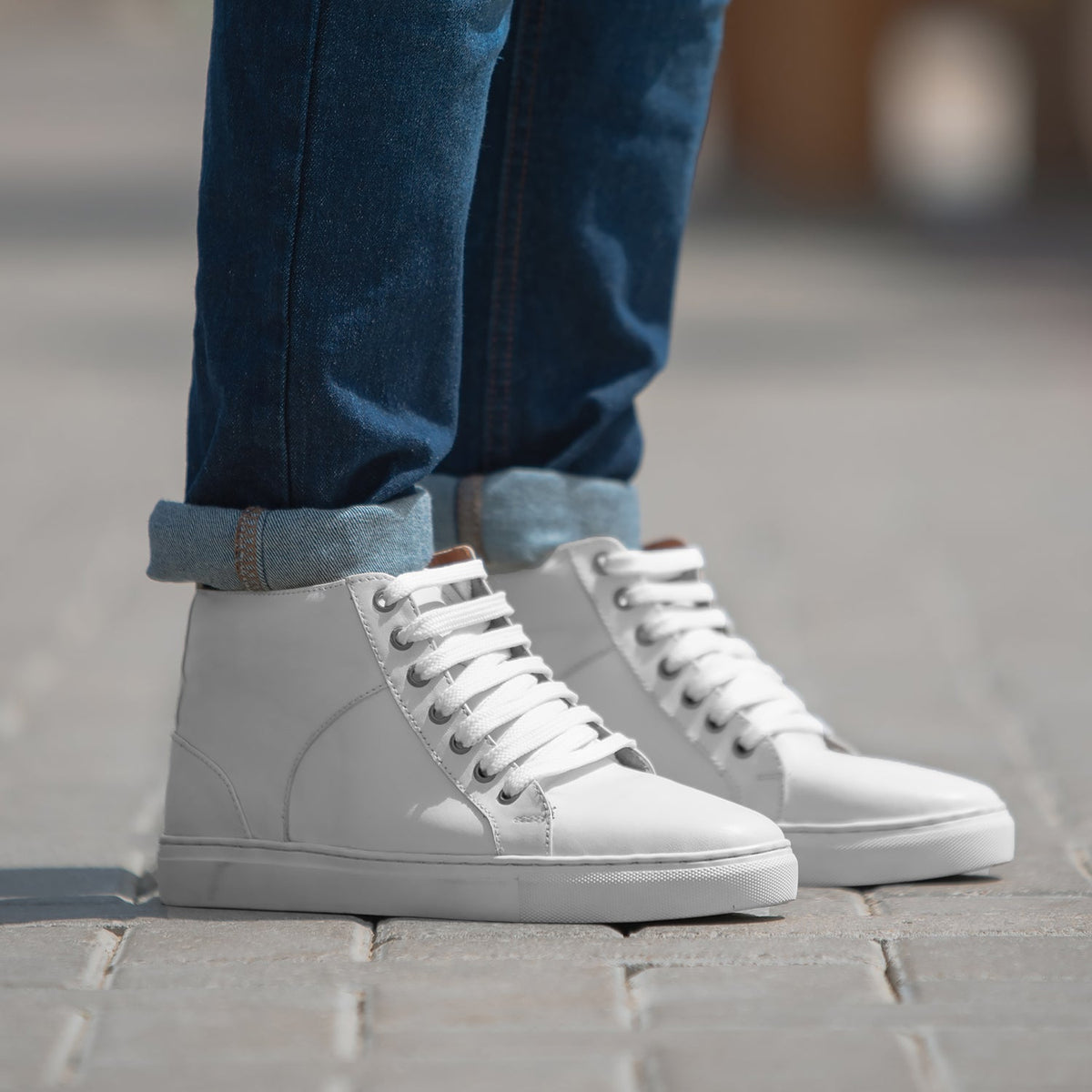 Marty High Top White Leather Sneakers - men's sneakers in white cowhide leather, view 5