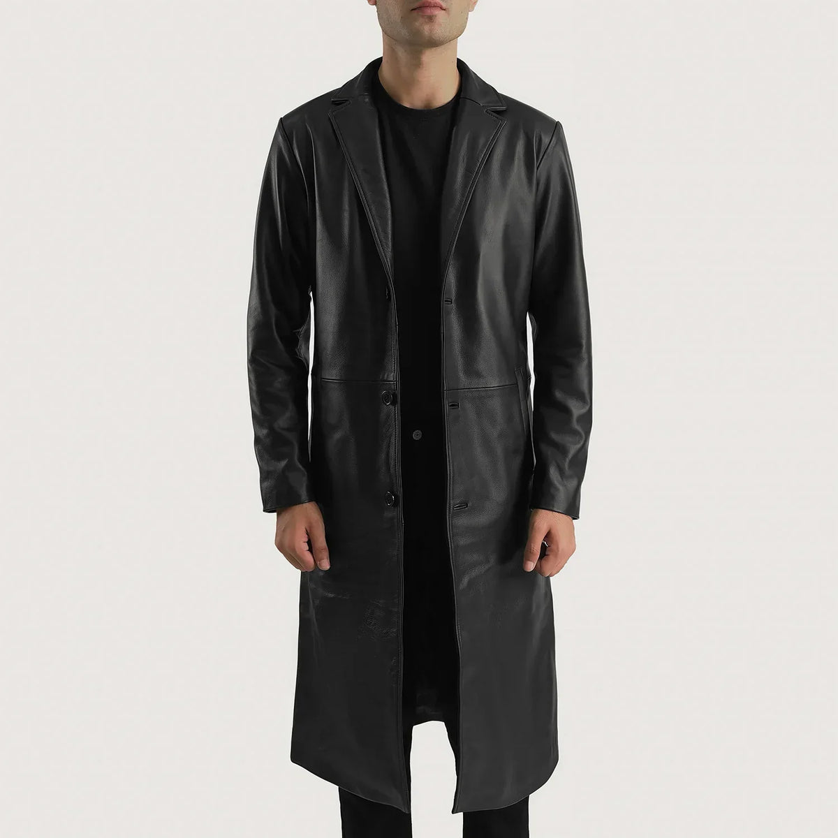 Mateo Black Leather Single Breasted Coat - men's coat in black cowhide leather, view 1
