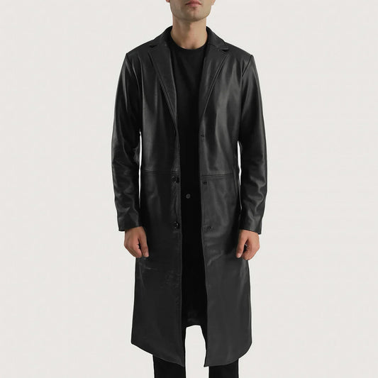 Mateo Black Leather Single Breasted Coat - men's coat in black cowhide leather, view 1