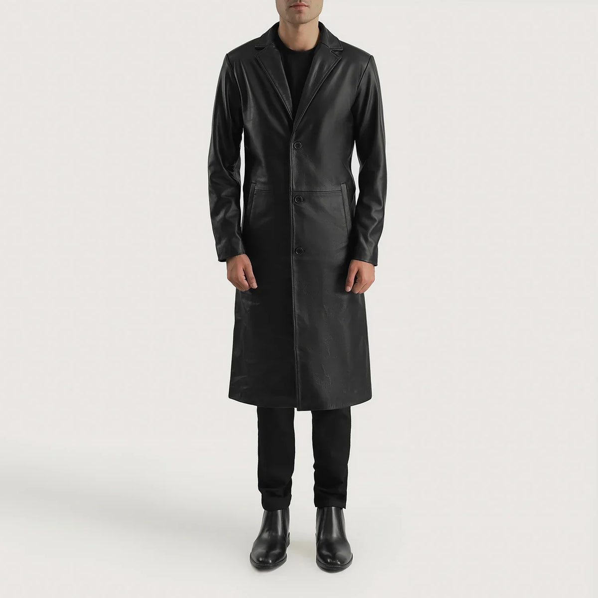 Mateo Black Leather Single Breasted Coat - men's coat in black cowhide leather, view 3