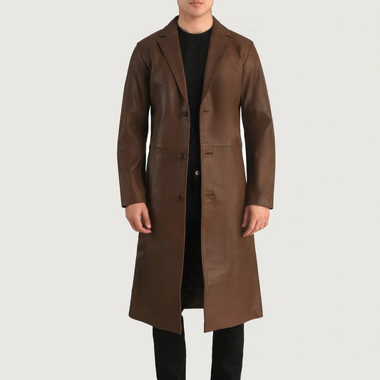 Mateo Brown Leather Single Breasted Coat - men's coat in brown cowhide leather, view 1