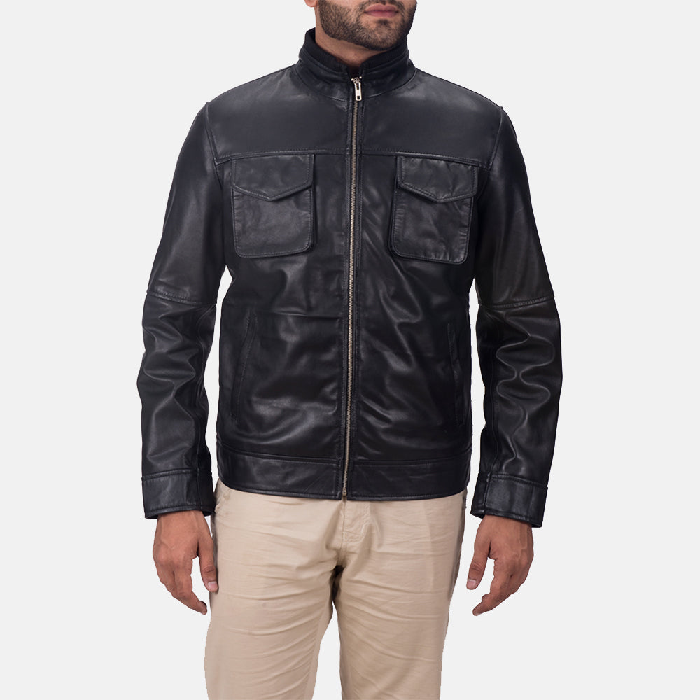 Maurice Black Leather Jacket - men's jacket in black sheepskin leather, view 1