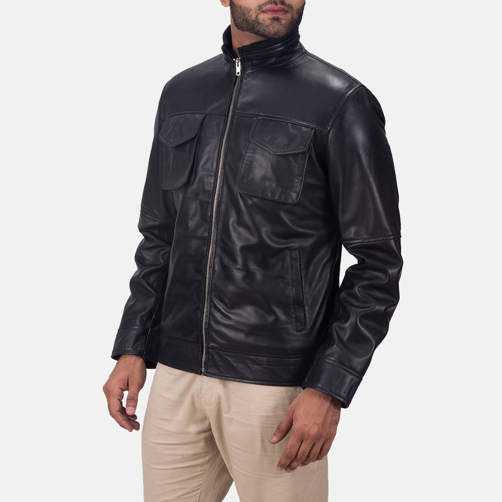 Maurice Black Leather Jacket - men's jacket in black sheepskin leather, view 2