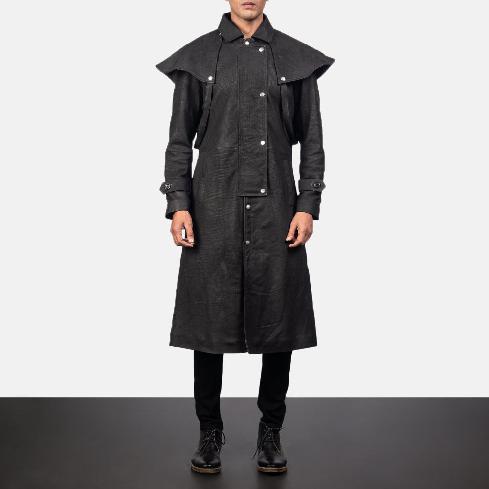 Maverick Black Leather Duster - men's duster in black sheepskin leather, view 1