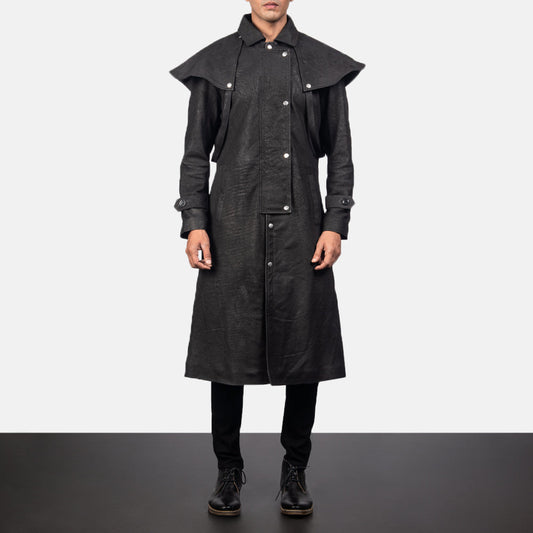 Maverick Black Leather Duster - men's duster in black sheepskin leather, view 1