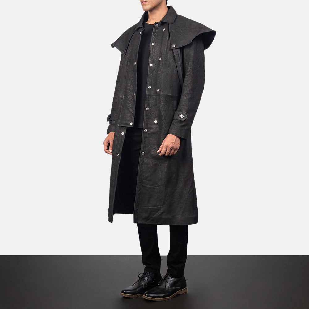 Maverick Black Leather Duster - men's duster in black sheepskin leather, view 2